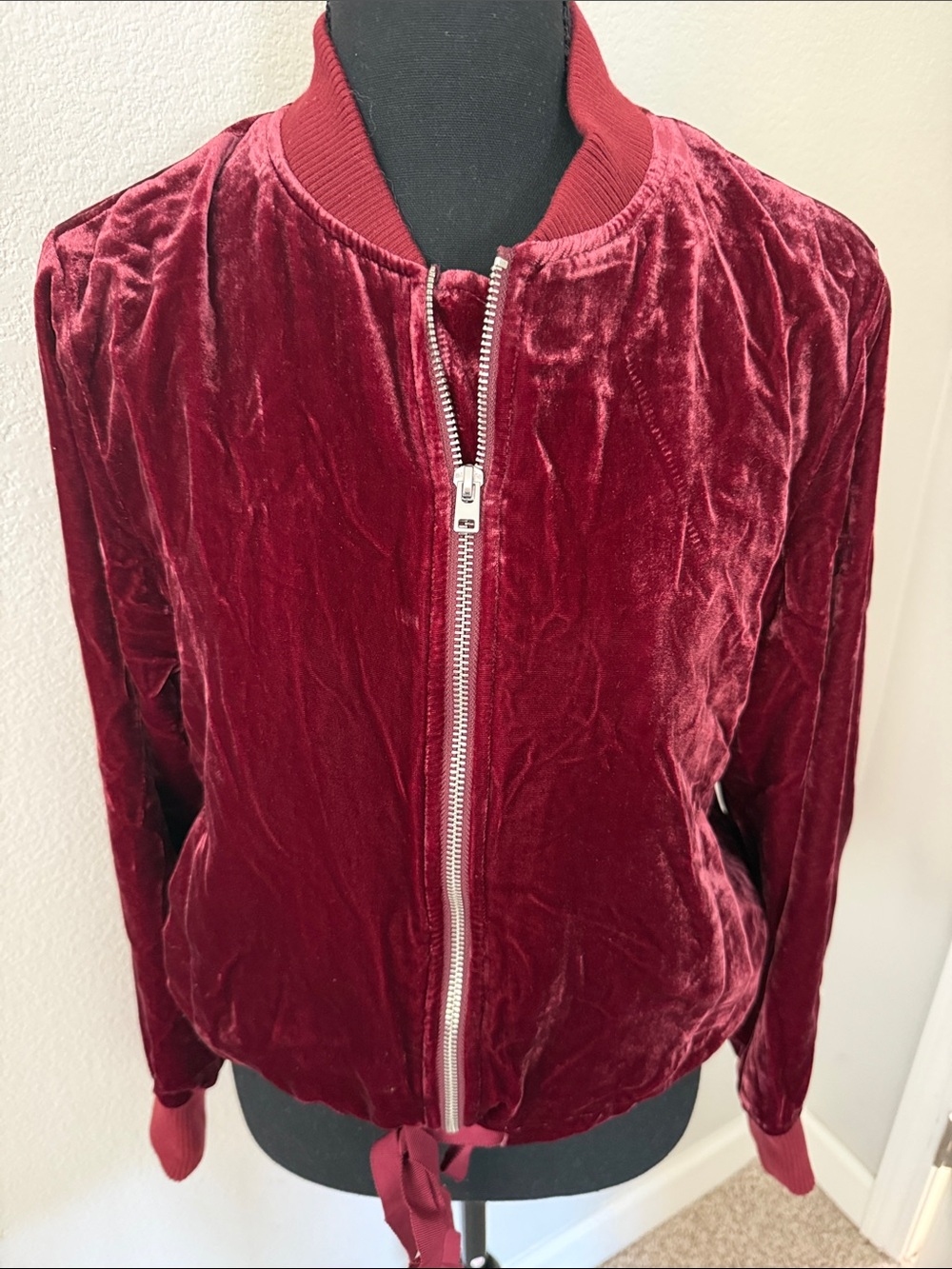 J. Crew Velvet Bomber Jacket in Deep Red